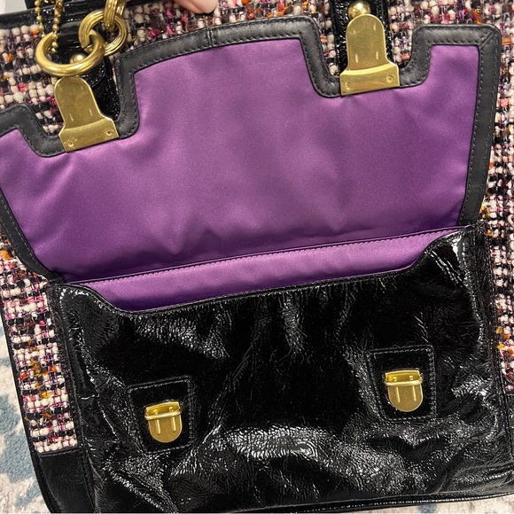 RARE COACH POPPY GALAXY TWEED TOTE PATENT LEATHER TRIM PUSHLOCK 2 TAGS & CHARM - Picture 9 of 15